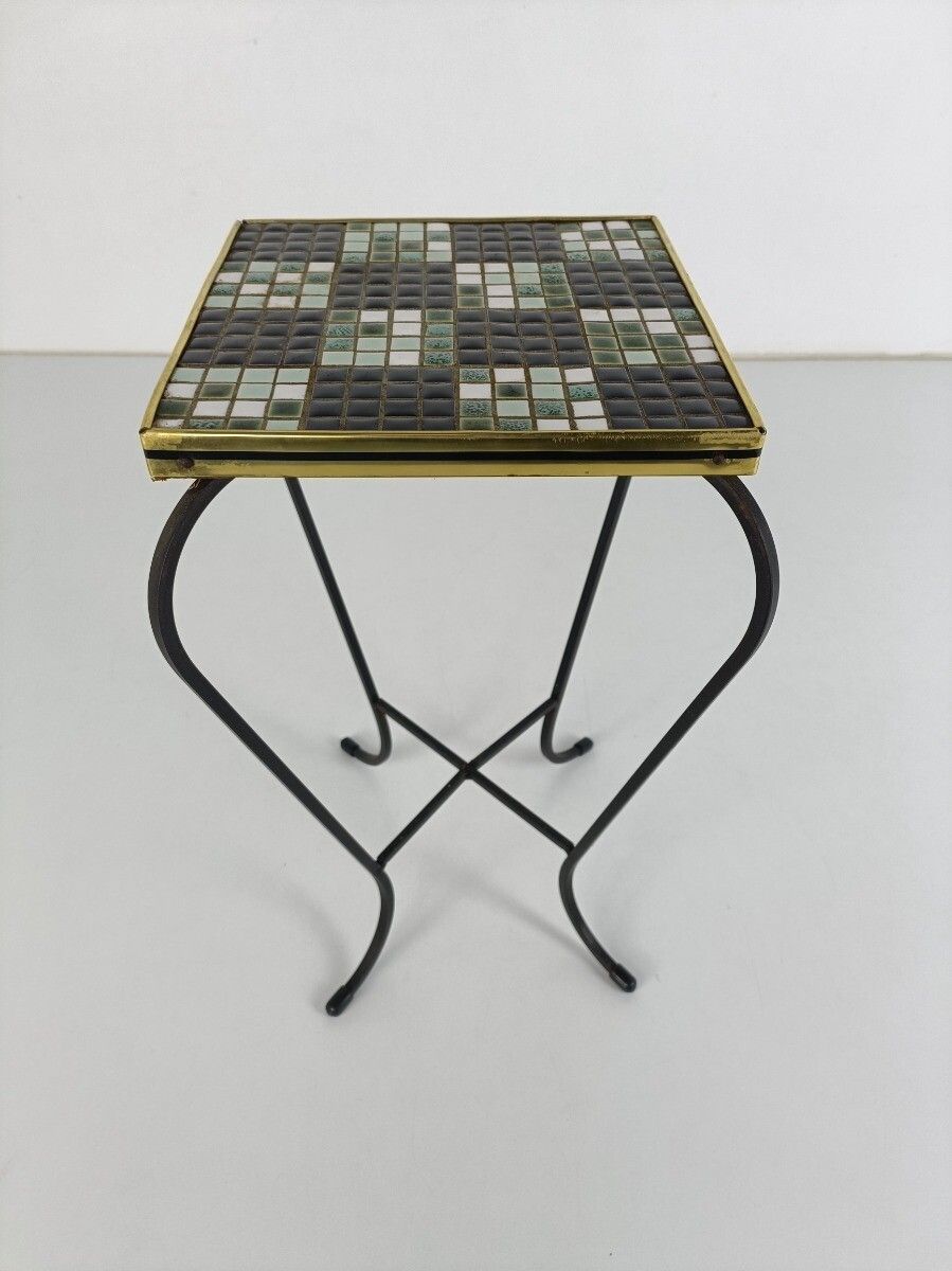 Vintage Small Side Table Plant Stand Mosaic Tiles Checkered Pattern Wrought Iron photo for sale