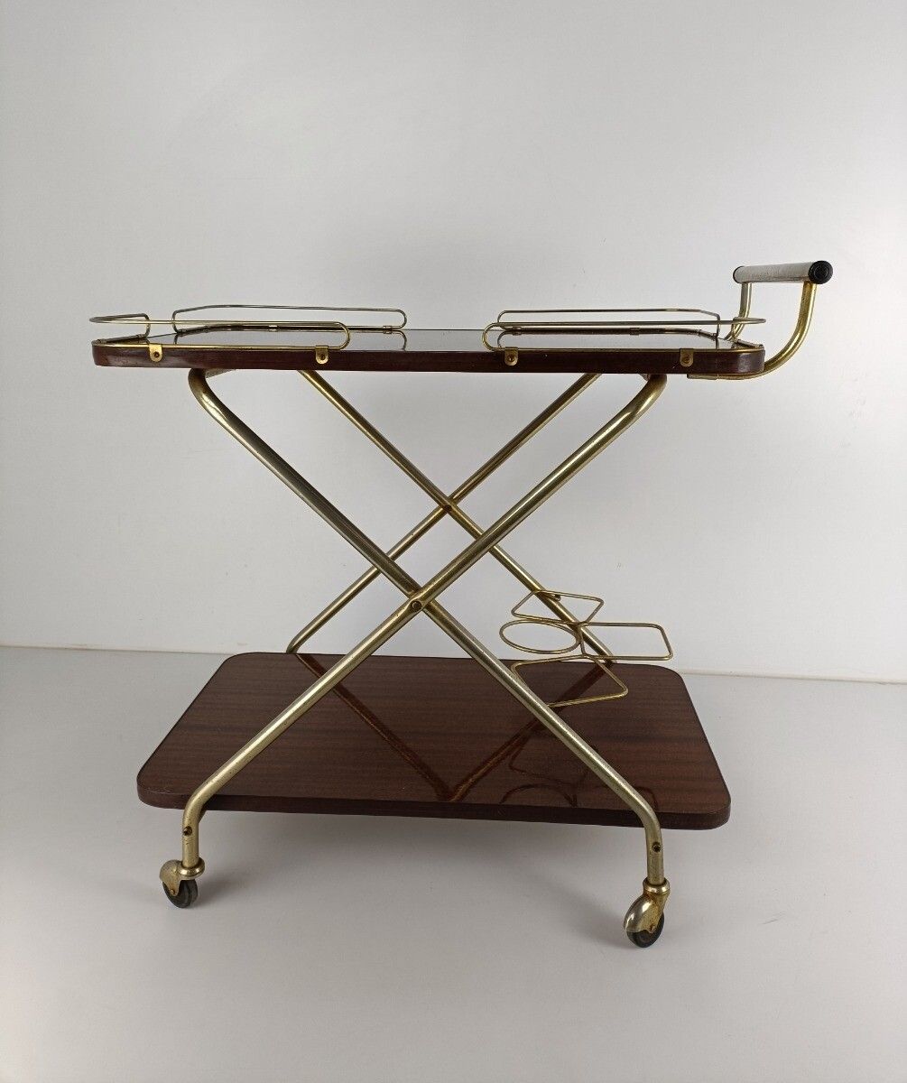 Foldable Bar Cocktail Tea Entertainment Cart Trolley Kitchen Island Veneer Brass photo 445.0