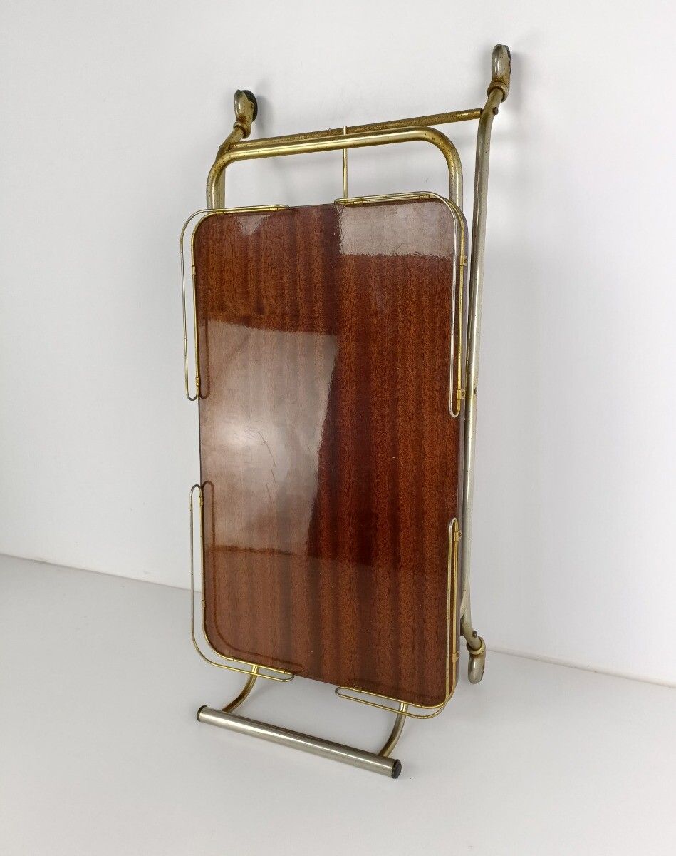 Foldable Bar Cocktail Tea Entertainment Cart Trolley Kitchen Island Veneer Brass photo vintage