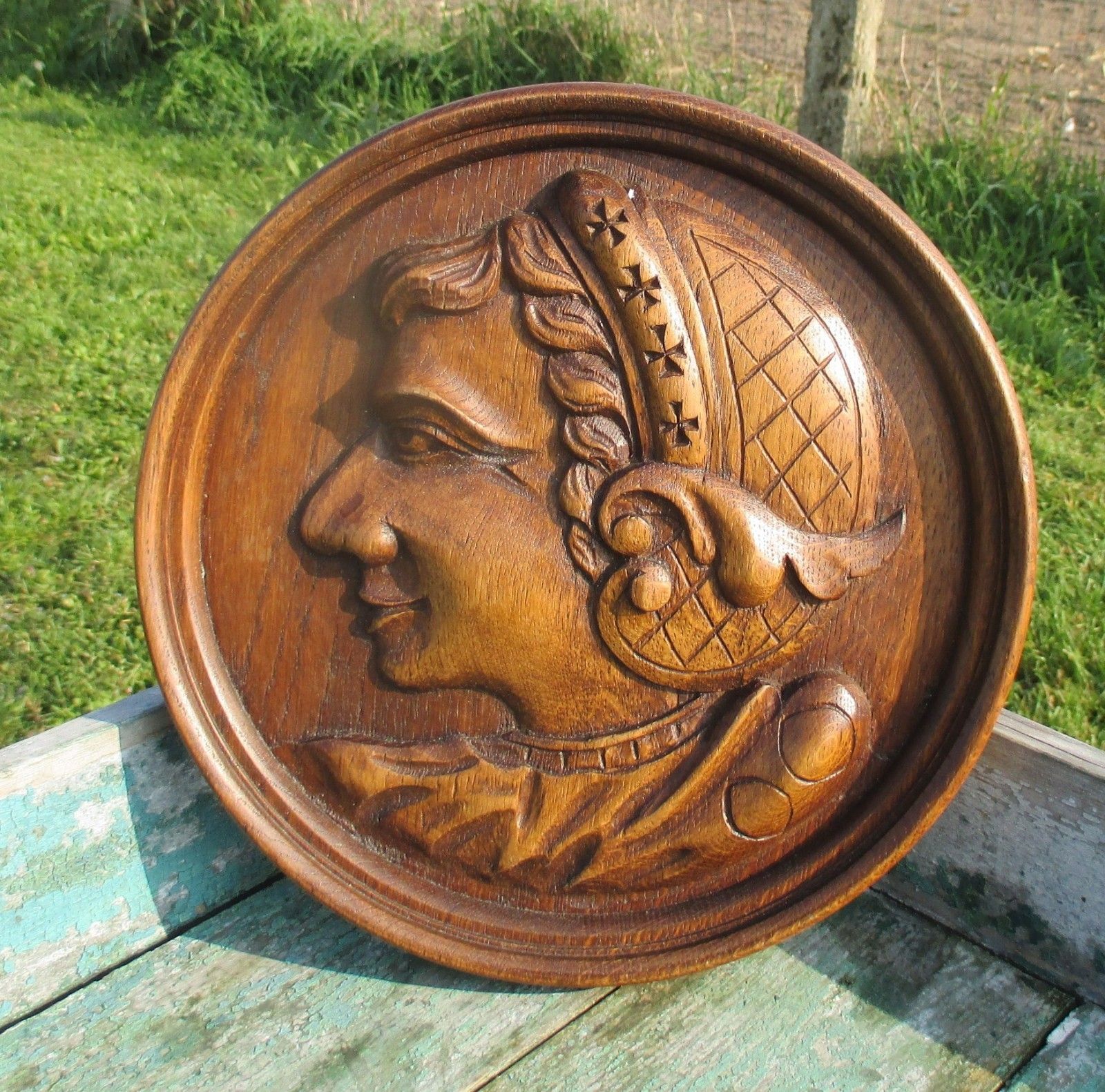 Hand Carved Wood Plate Woman Head Folk Art Signed Verbeke Wall Hanging