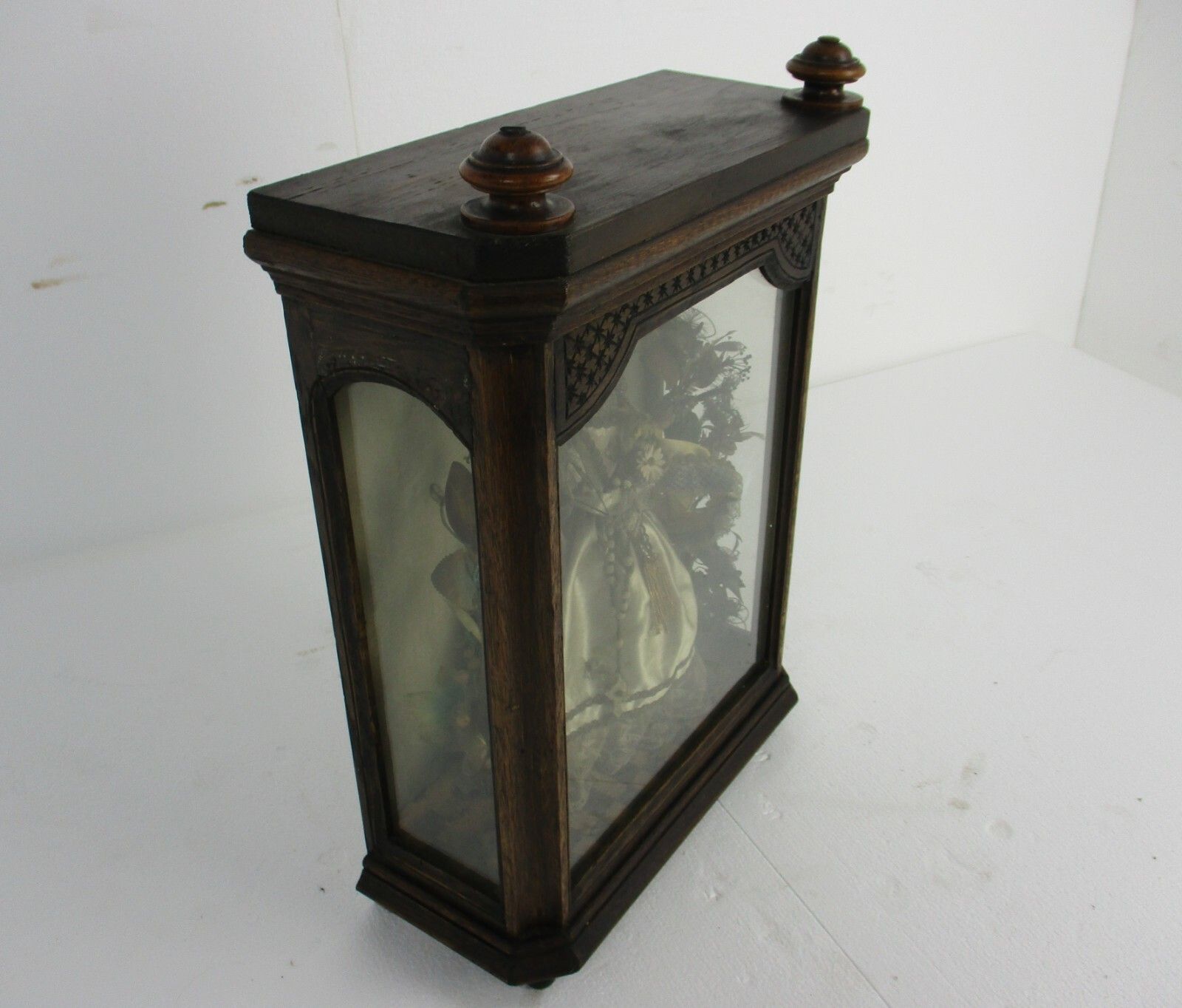 19th C Antique Hand Carved Wood Chapel Niche Shrine With Hand Made Antique Doll photo for sale