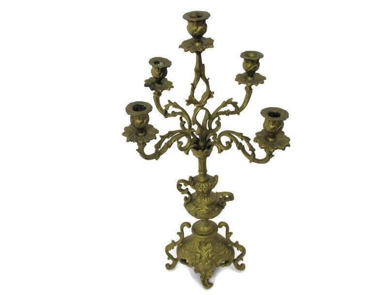 Gorgeous Brass Ornate Embossed Candle Holder Stick Candelabra 5 Arm Gold Painted