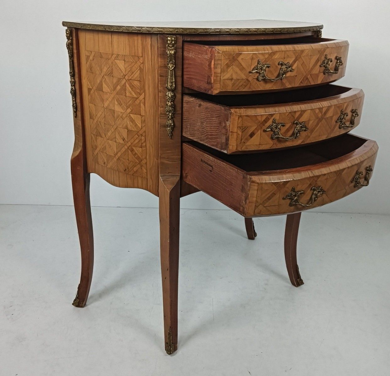 Cabinet Wood Marble Top Inlay Marquetry Brass Trims Commode End Table Vintage It photo Furniture
