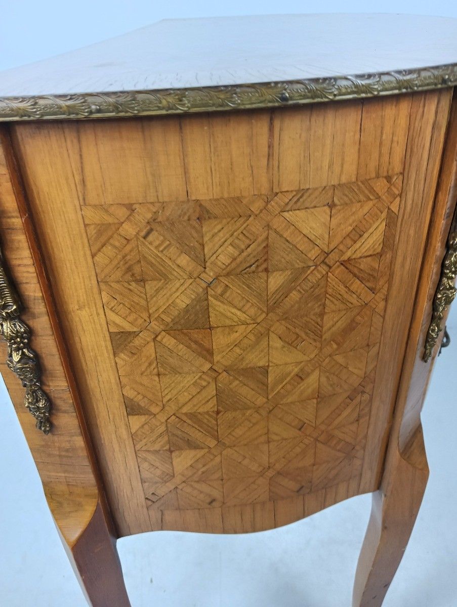 Cabinet Wood Marble Top Inlay Marquetry Brass Trims Commode End Table Vintage It photo vinterior