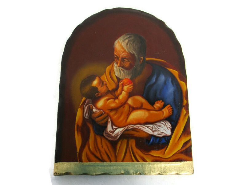Wooden Icon Paint On Wood Poland Certificate Saint Joseph With Infant Jesus