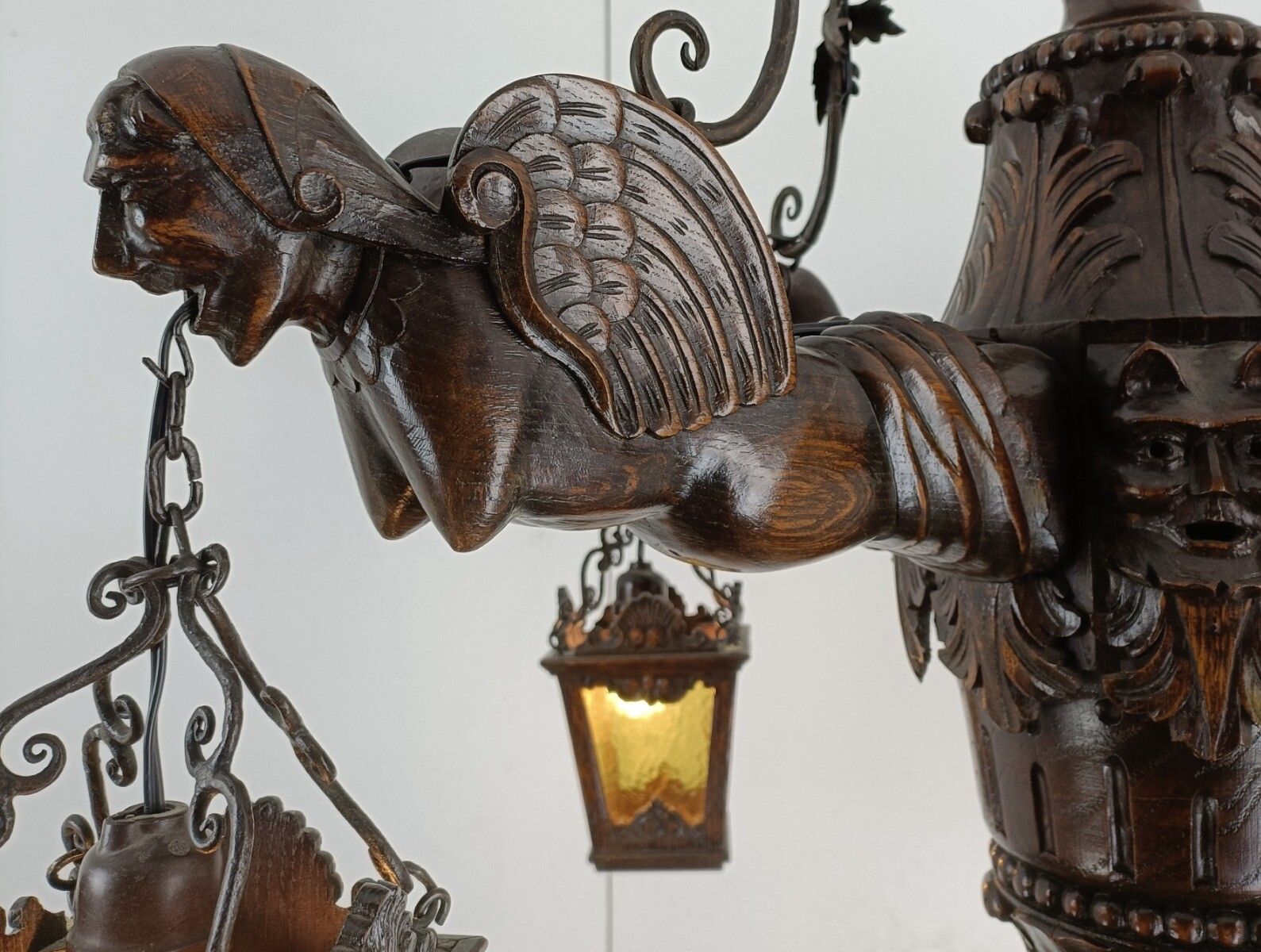 Gothic Chandelier Antique Gargouilles Oak Wood 1900 Huge 4 Lights Exquisite Wow photo vinterior