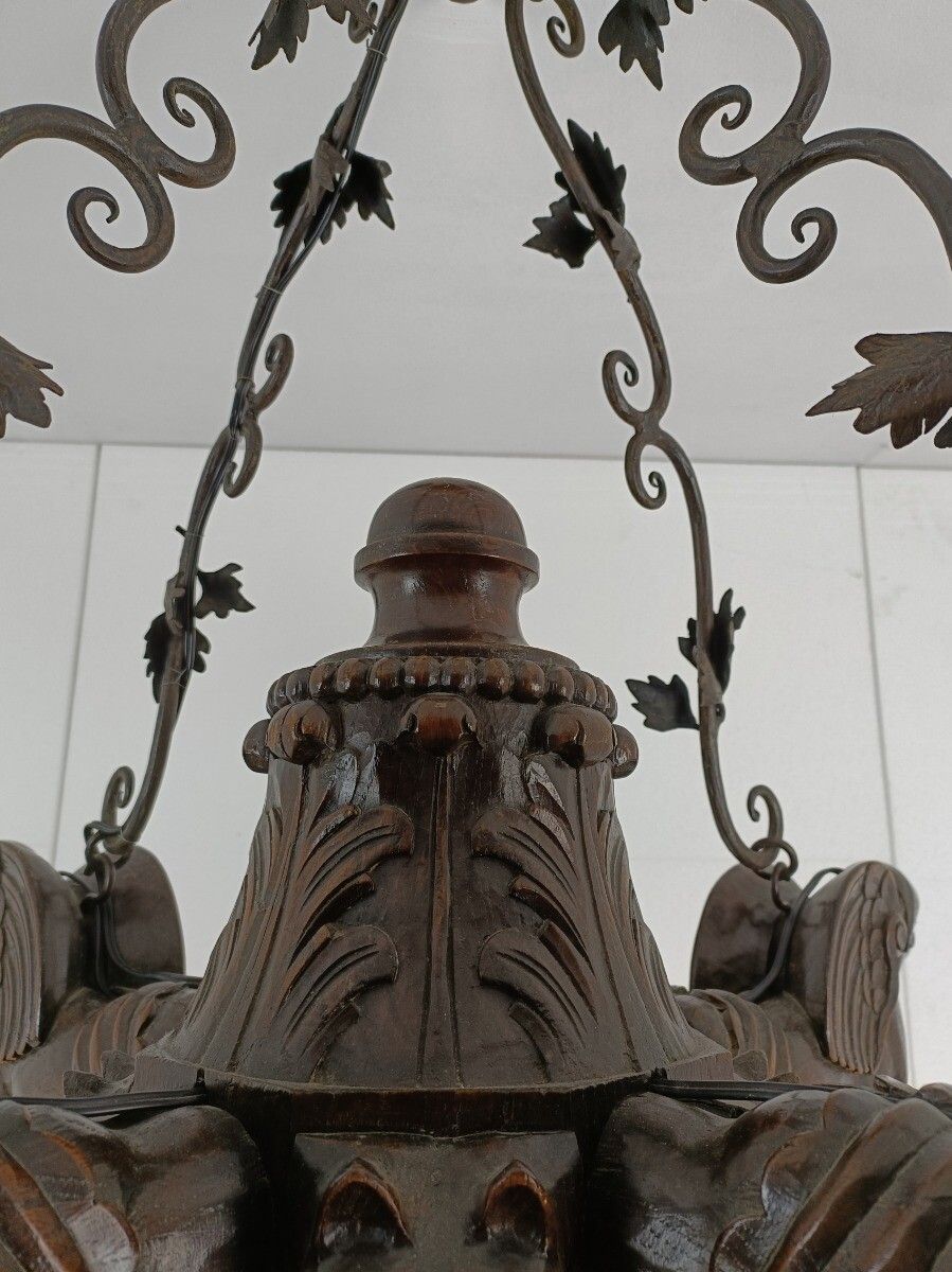 Gothic Chandelier Antique Gargouilles Oak Wood 1900 Huge 4 Lights Exquisite Wow photo buy