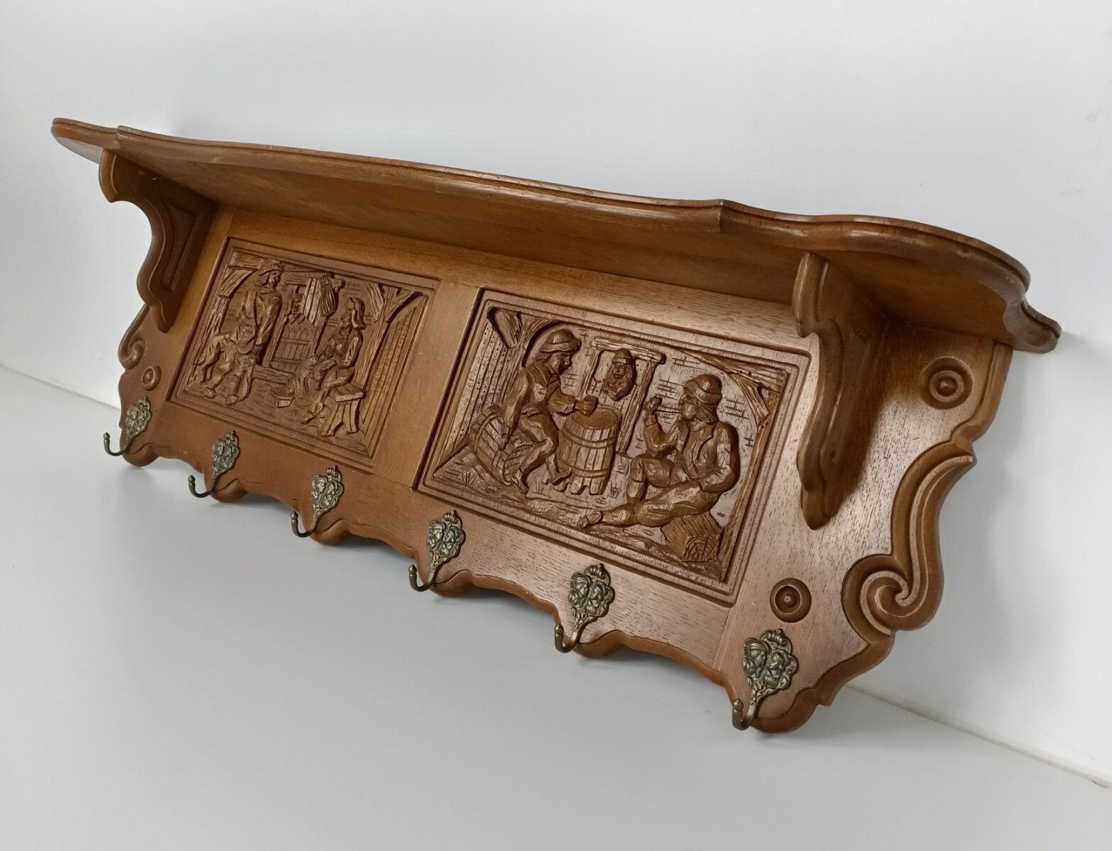 Gorgeous Hand Carved Wood  Coat Hat Rack Breughel Style Figurines Panels Antiq photo for sale