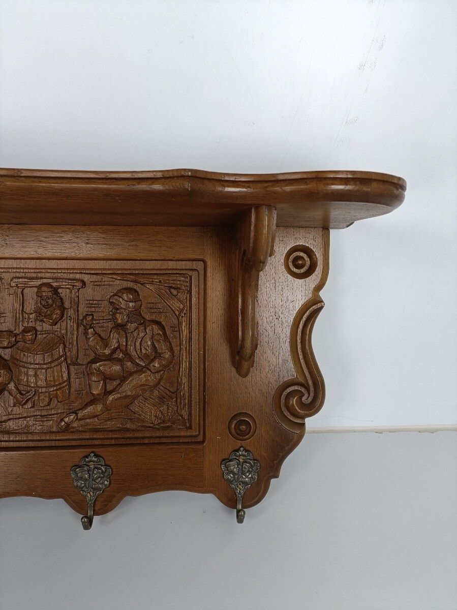 photo furniture Gorgeous Hand Carved Wood  Coat Hat Rack Breughel Style Figurines Panels Antiq