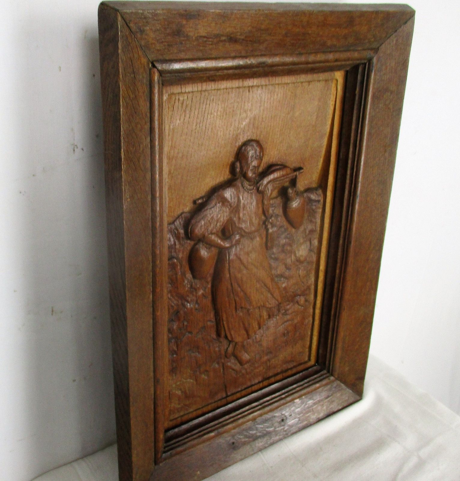 Hand Carved Wood Wall Art Panel Bas Relief Woman Carrying Water Buckets Rebecca photo vinterior