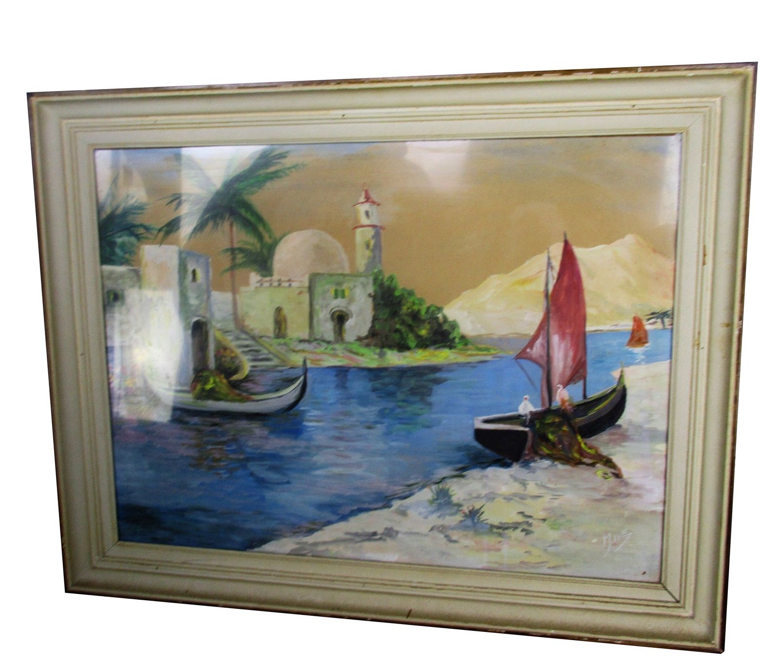 Lovely Painting Southern Morocco Landscape Seaside Boats