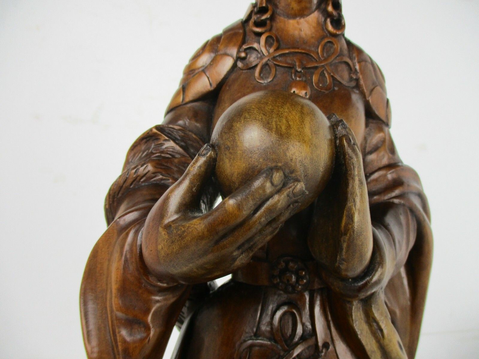 L Hand Carved Wood Statue Lady Saint ? With Pouch And Globe Signed De Hondt W. photo for sale