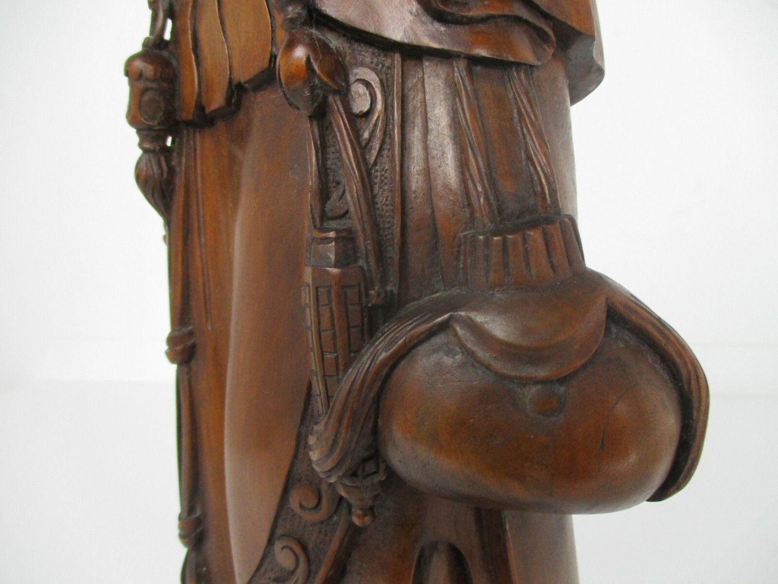L Hand Carved Wood Statue Lady Saint ? With Pouch And Globe Signed De Hondt W. photo 705.0