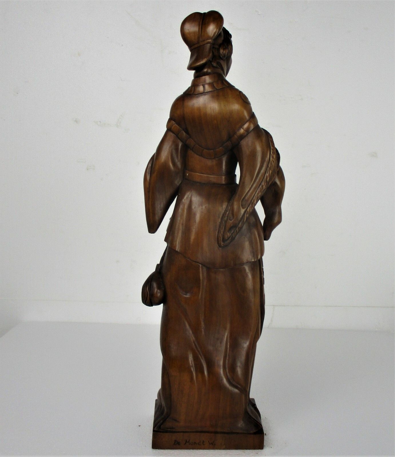 L Hand Carved Wood Statue Lady Saint ? With Pouch And Globe Signed De Hondt W. photo buy