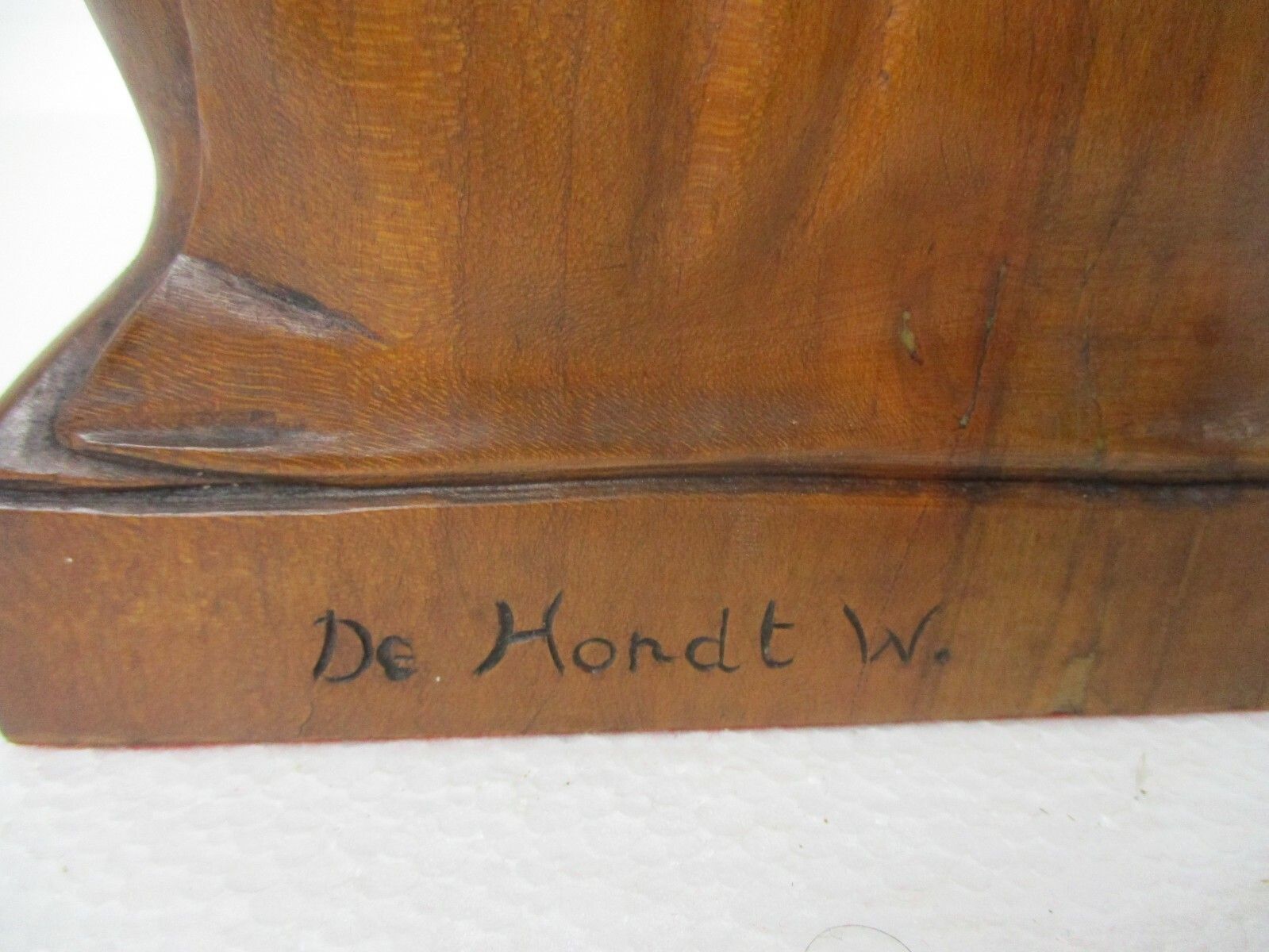 L Hand Carved Wood Statue Lady Saint ? With Pouch And Globe Signed De Hondt W. photo vintage