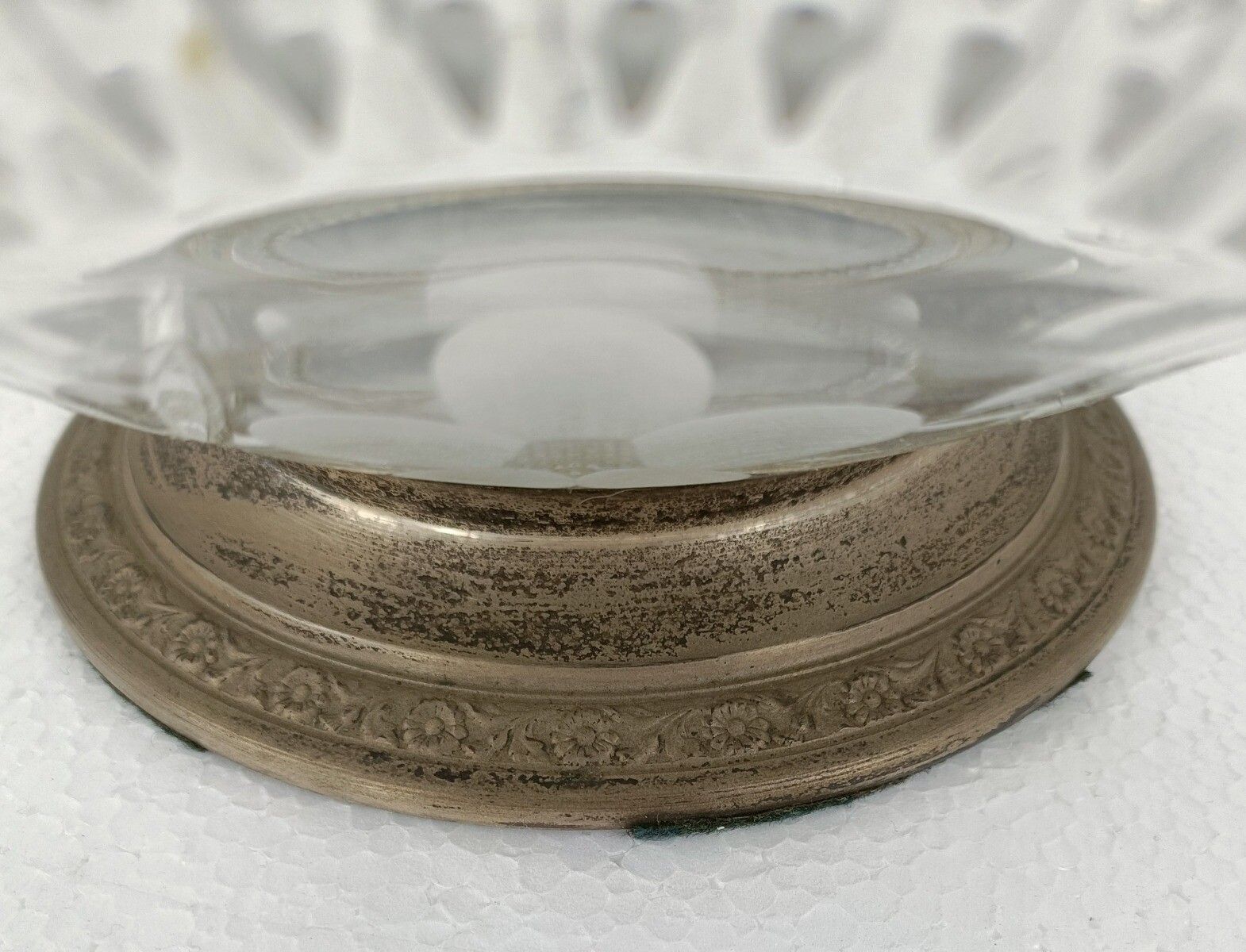 Vintage Modernist Centerpiece Dish Etched Glass Silverplated Stem And Base photo vintage