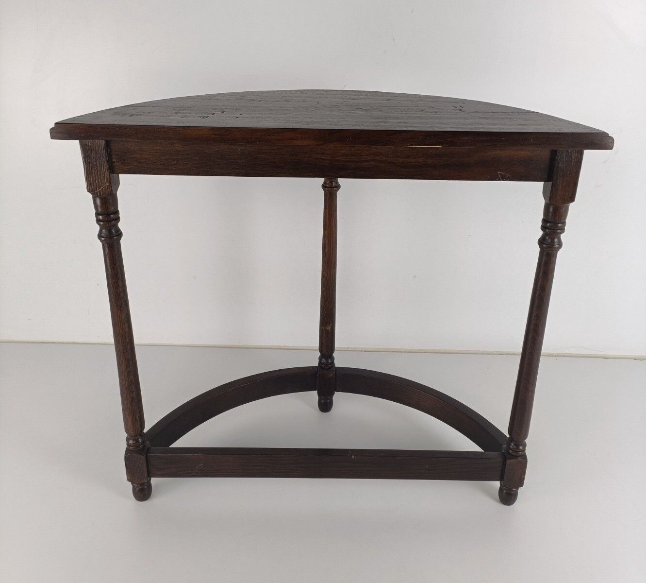 photo furniture Carved Wooden Wall Hallway Console Side Table Half Moon Oak Vintage Barn Farmhou