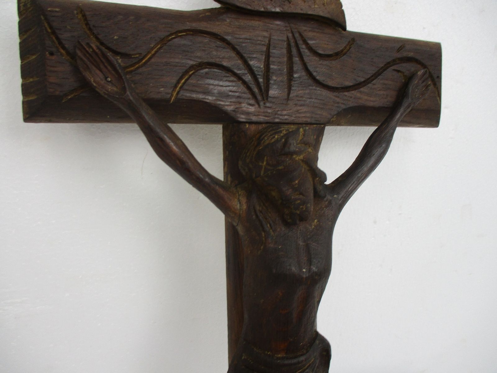 Completely Hand Carved Wood Oak Hanging Crucifix Cross Corpus Jesus Christ photo for sale