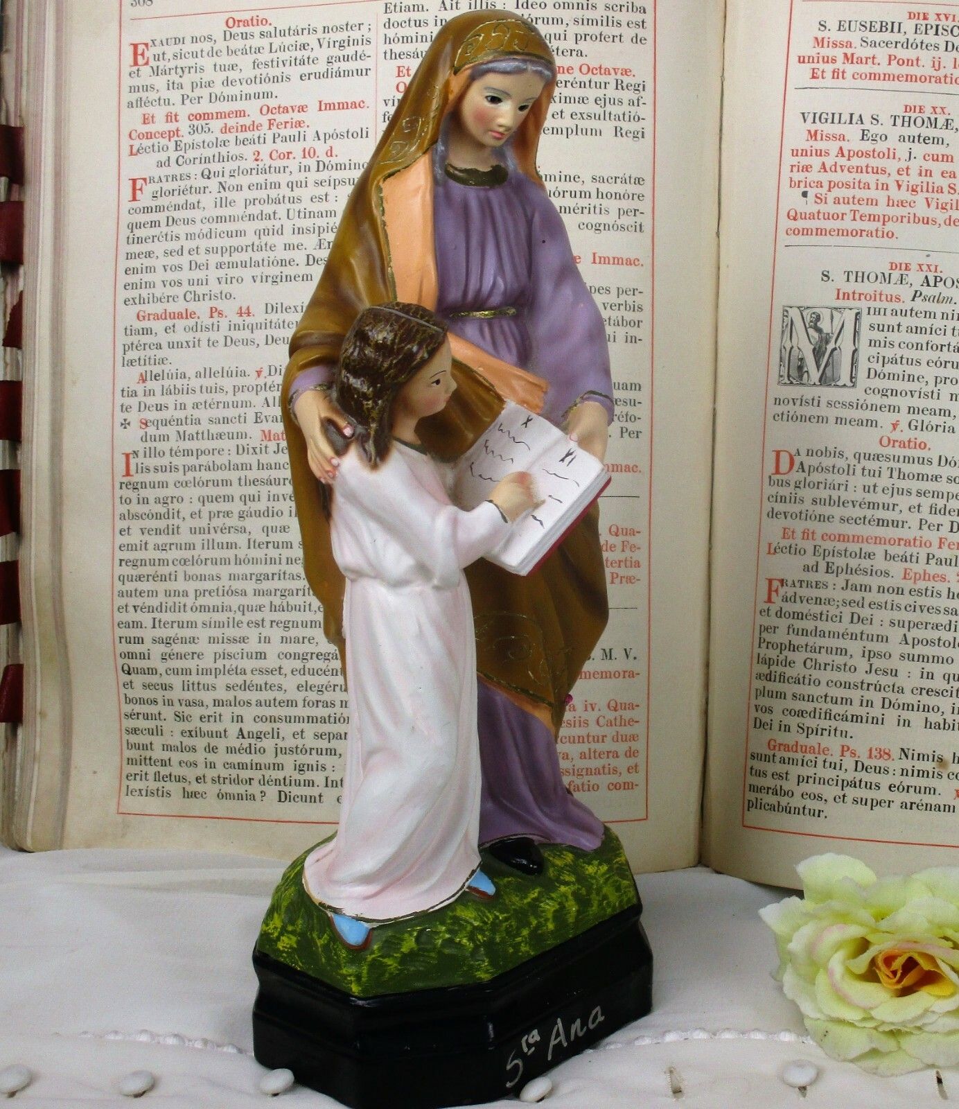 Statue Saint Anne Virgin Mary As A Child Reading Old Testament Glass Eyes Htf photo for sale