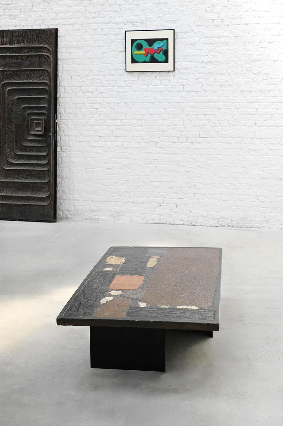 Paul Kingma Slate, Stone, And Brass Inlaid Coffee Table, 1974 photo for sale