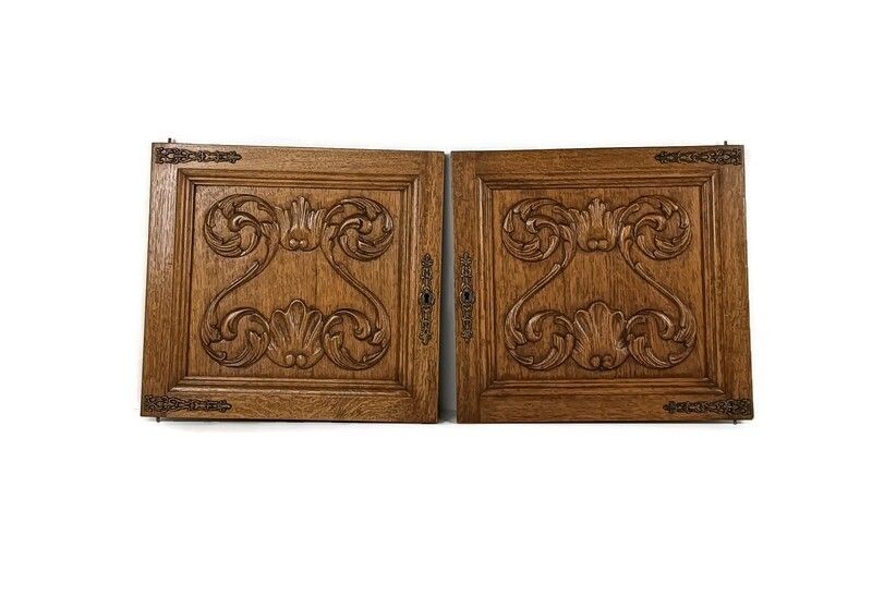 Pair Antique Hand Carved Wood Door Panels  Architectural Salvaged Reclaimed