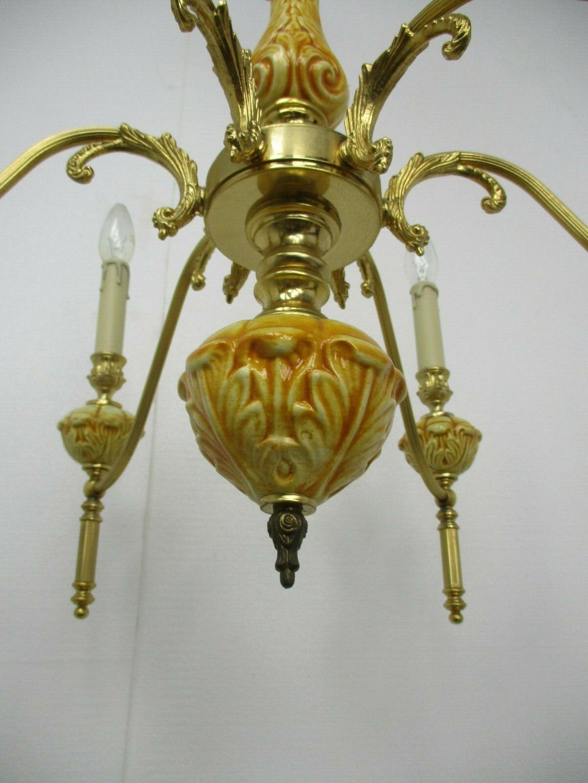 Chandelier Brass Brown Amber Porcelain Brass 6 Lights Hollywood Regency Style photo vintage