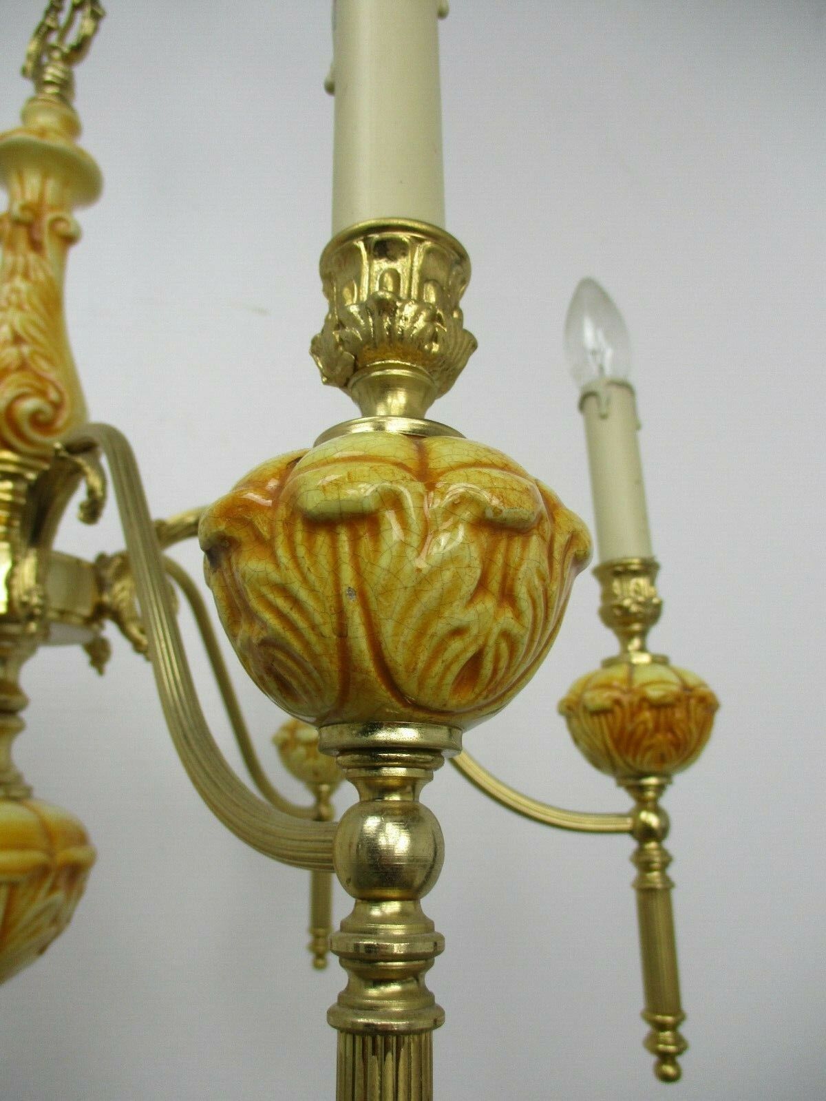 photo furniture Chandelier Brass Brown Amber Porcelain Brass 6 Lights Hollywood Regency Style