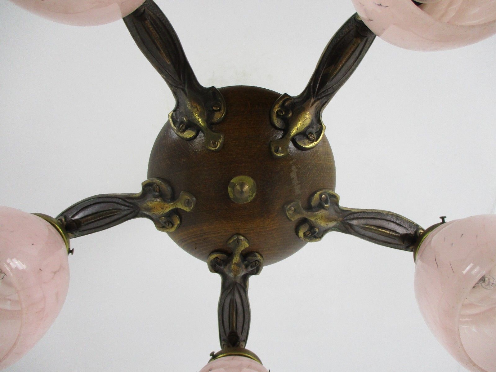 photo furniture Chandelier 6 Arms Lights Art Deco Marbled Glass Pink Shades Spider Antique