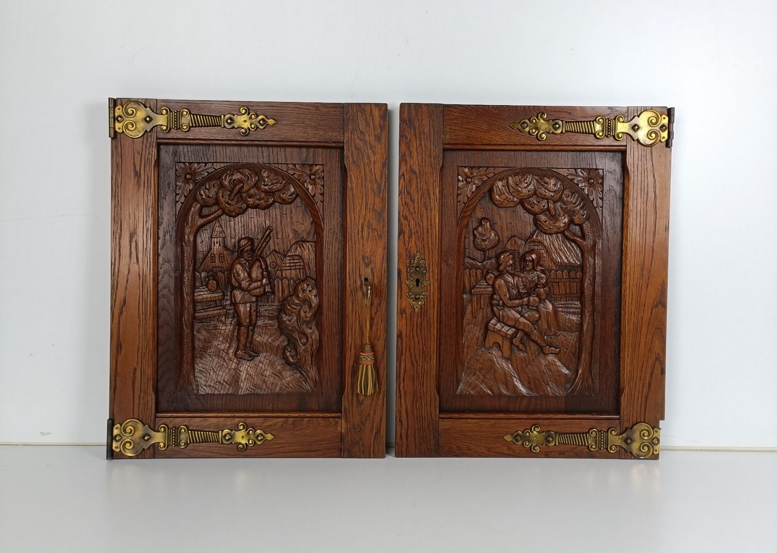Pair Vintage Carved Wood Door Panels Brass Trims Breughel Style Architectural Sa photo furniture