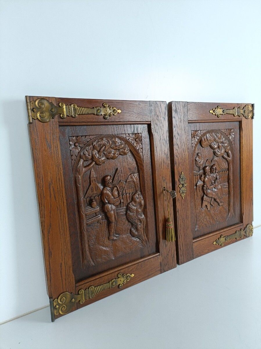 Pair Vintage Carved Wood Door Panels Brass Trims Breughel Style Architectural Sa photo vinterior