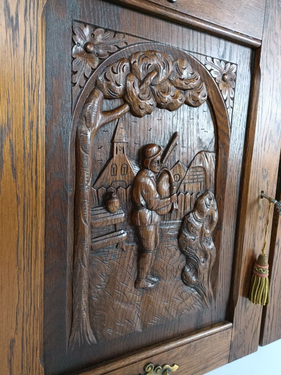 Pair Vintage Carved Wood Door Panels Brass Trims Breughel Style Architectural Sa photo vintage