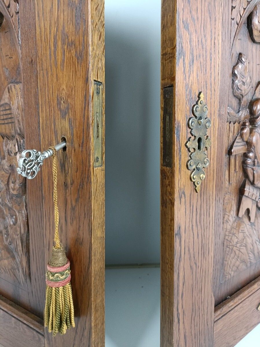 photo for sale Pair Vintage Carved Wood Door Panels Brass Trims Breughel Style Architectural Sa