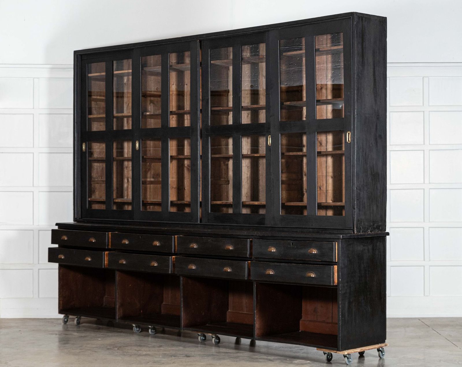 Monumental 19thc English Ebonised Pine Housekeepers / Haberdashery Cabinet photo vinterior