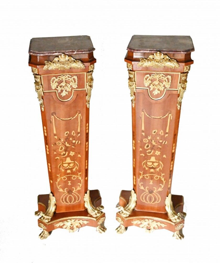 Pair Pedestal Stands French Empire Tall Tables Inlay photo for sale