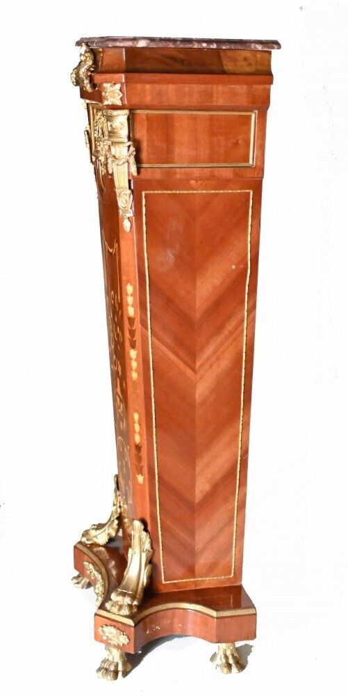 Pair Pedestal Stands French Empire Tall Tables Inlay photo vintage