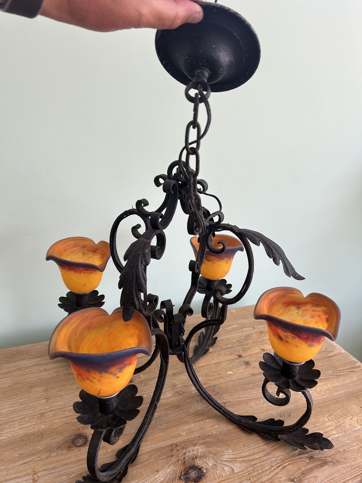 French Art Nouveau Revival Chandelier With 4 Signed Patrick Crespin Pâte De Verre Shades photo vinterior