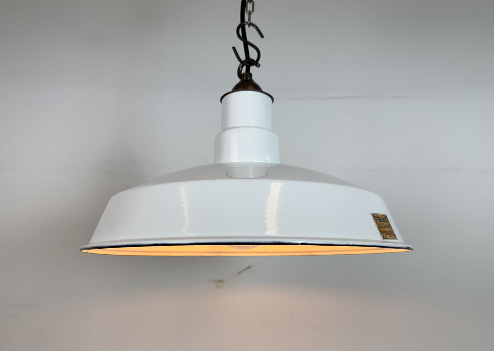 Industrial White Enamel Factory Pendant Lamp From Quadrangle Mfg. Co., 1960s, 5x photo furniture