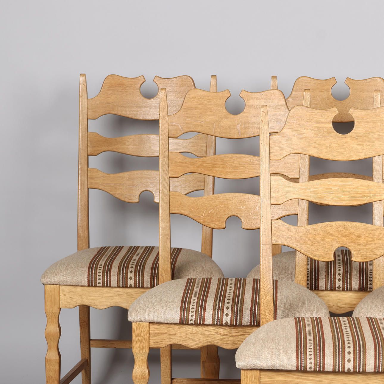 Henry Kjærnulf (1911 1975). Six Chairs Made Of Oak, Seats Upholstered In Striped Wool, Eg Kvalitetmøbler, Denmark, Circa 1960s photo furniture