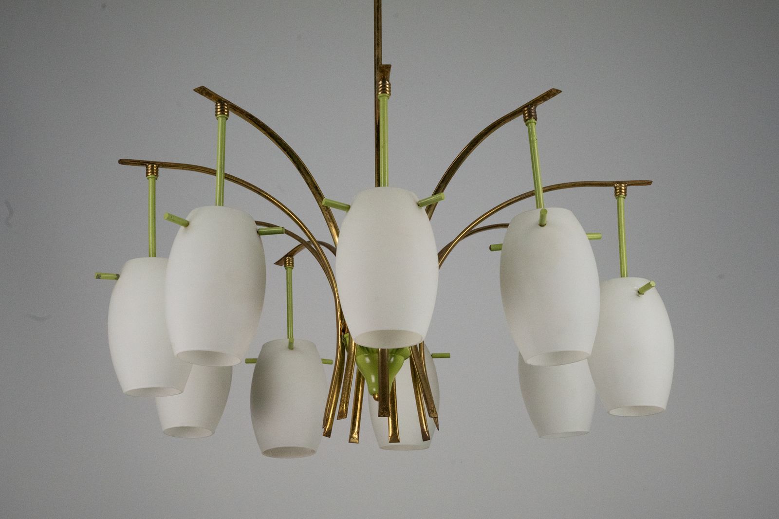 Midcentury 9 Arm Brass Chandelier With Green Lacquer & Opaline Glass. Italy 1950s photo furniture