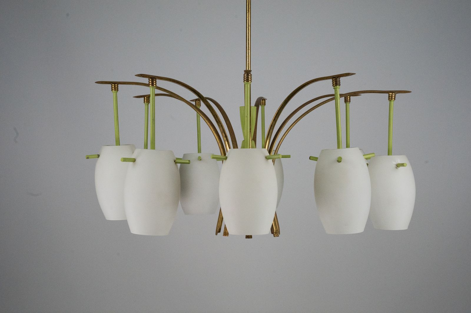 Midcentury 9 Arm Brass Chandelier With Green Lacquer & Opaline Glass. Italy 1950s photo for sale