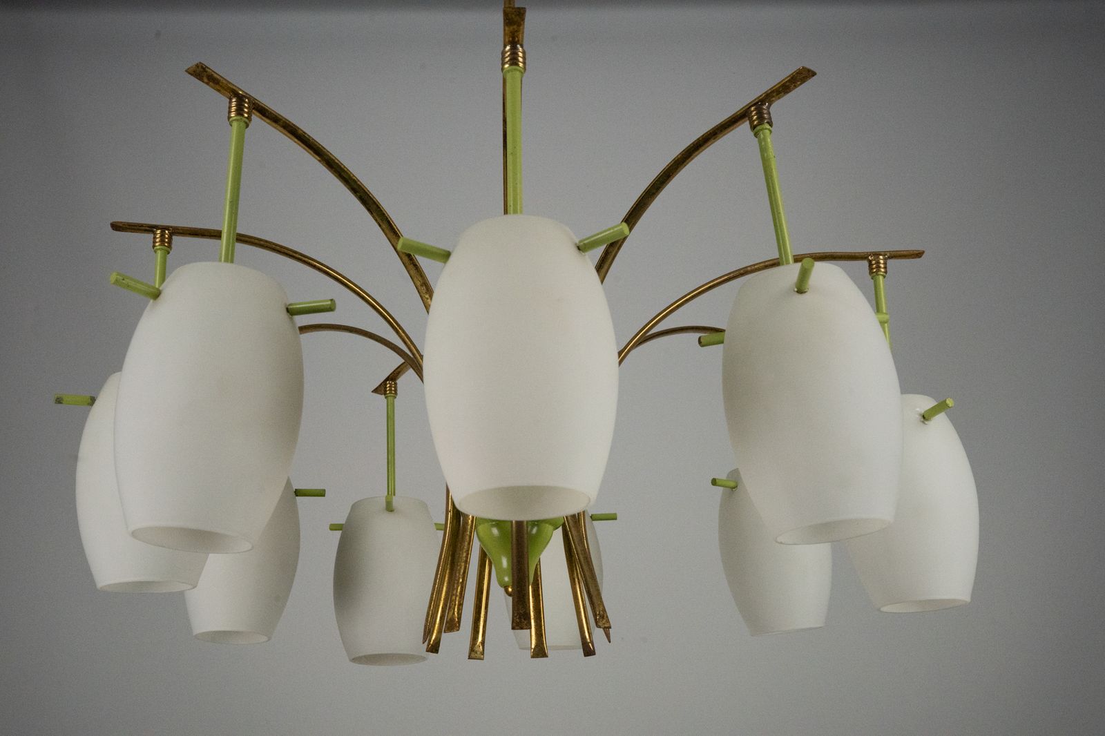 Midcentury 9 Arm Brass Chandelier With Green Lacquer & Opaline Glass. Italy 1950s photo 1560.0