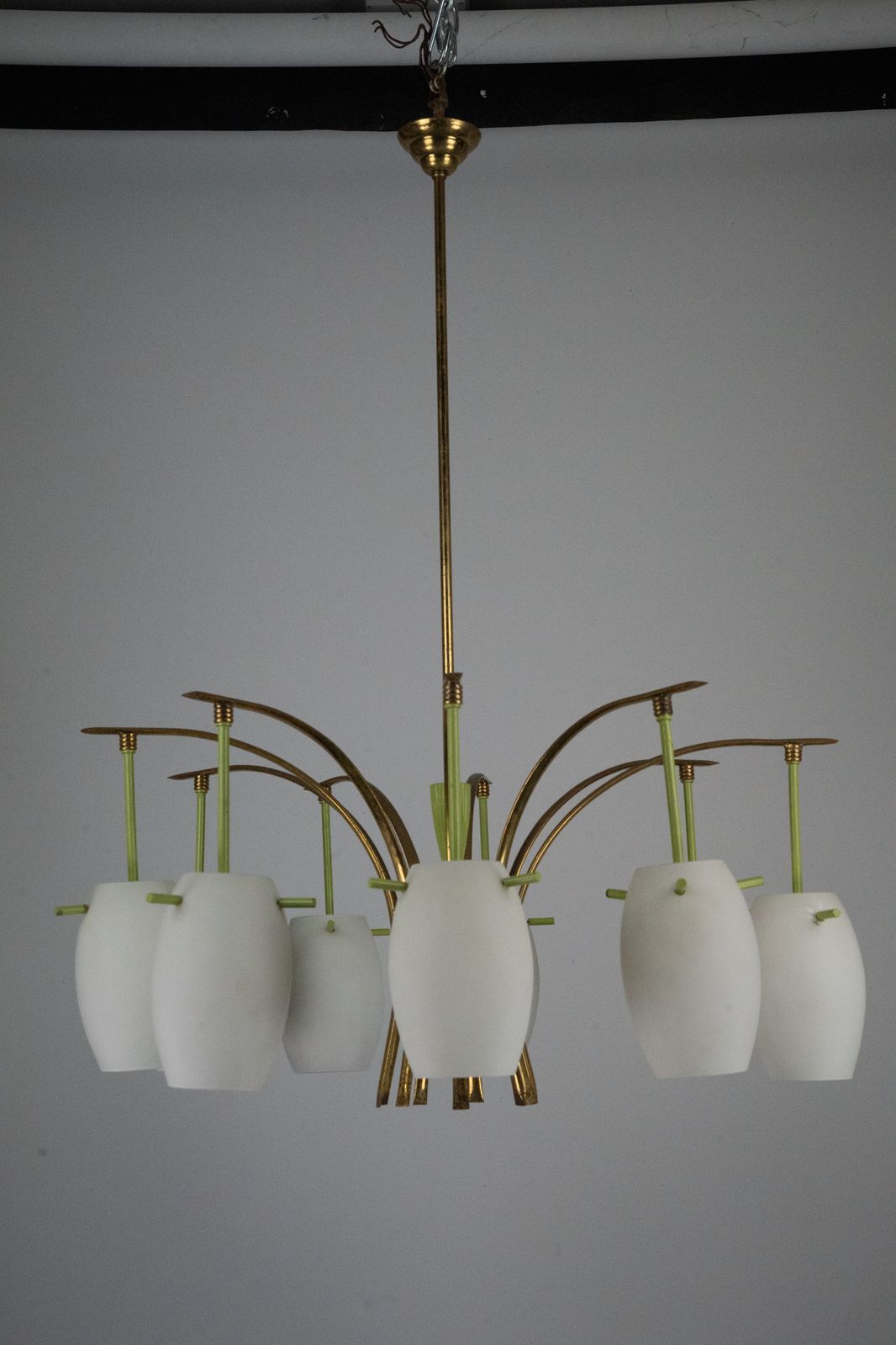 Lighting Midcentury 9 Arm Brass Chandelier With Green Lacquer & Opaline Glass. Italy 1950s photo
