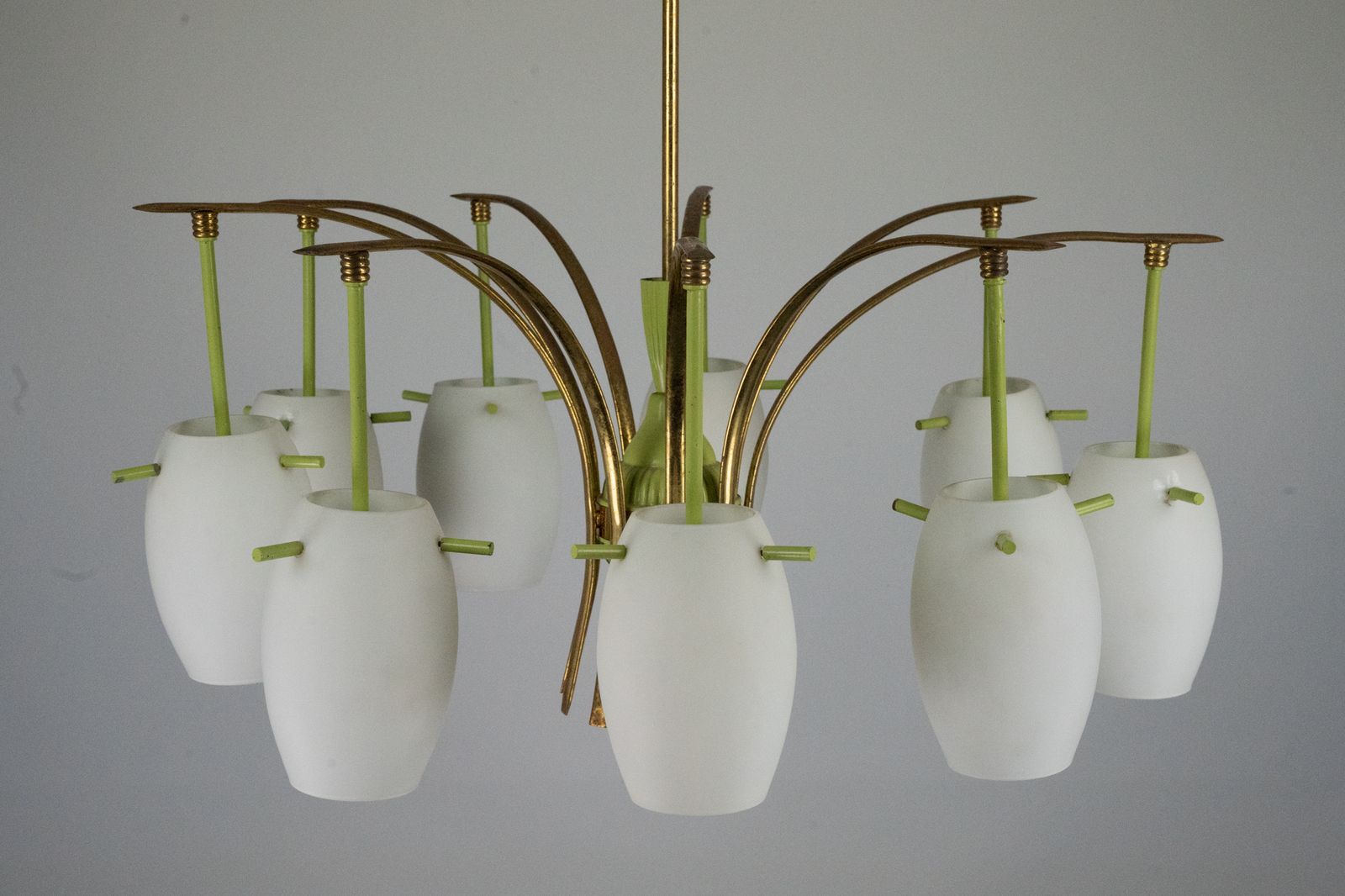 1560.0 Midcentury 9 Arm Brass Chandelier With Green Lacquer & Opaline Glass. Italy 1950s photo