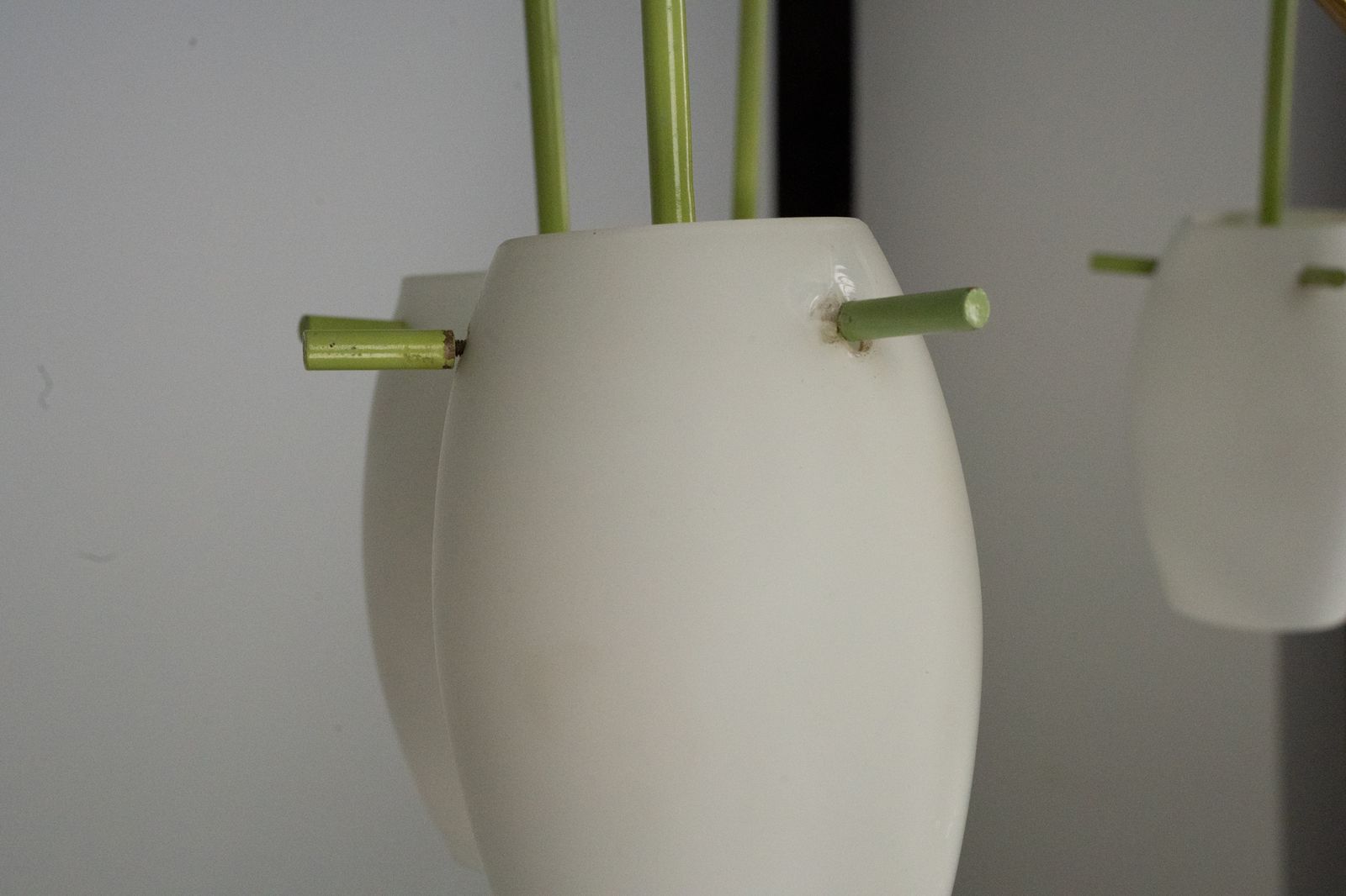 photo buy Midcentury 9 Arm Brass Chandelier With Green Lacquer & Opaline Glass. Italy 1950s