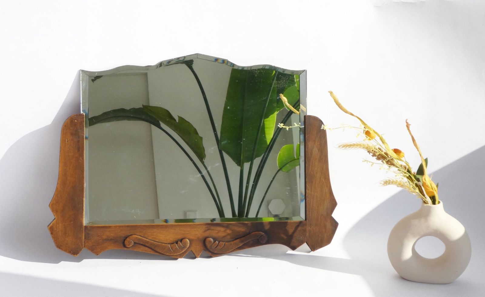 Antique Art Deco Beveled Mirror With Wooden Frame, Dutch Semi Frameless Wall Mirror With Carved Details, Farmhouse Decor Wall Hanging photo for sale