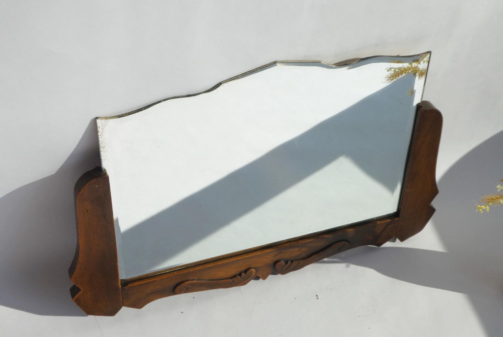 Antique Art Deco Beveled Mirror With Wooden Frame, Dutch Semi Frameless Wall Mirror With Carved Details, Farmhouse Decor Wall Hanging photo Home Decor