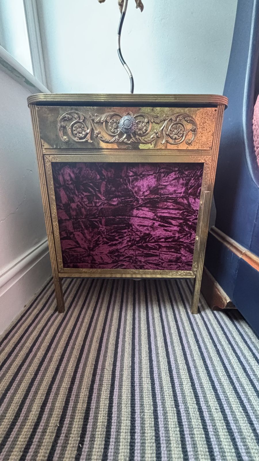 photo furniture Mid Century Bronze Nightstand With Black Vitrine Glass Top And Velvet Side Panels And Door