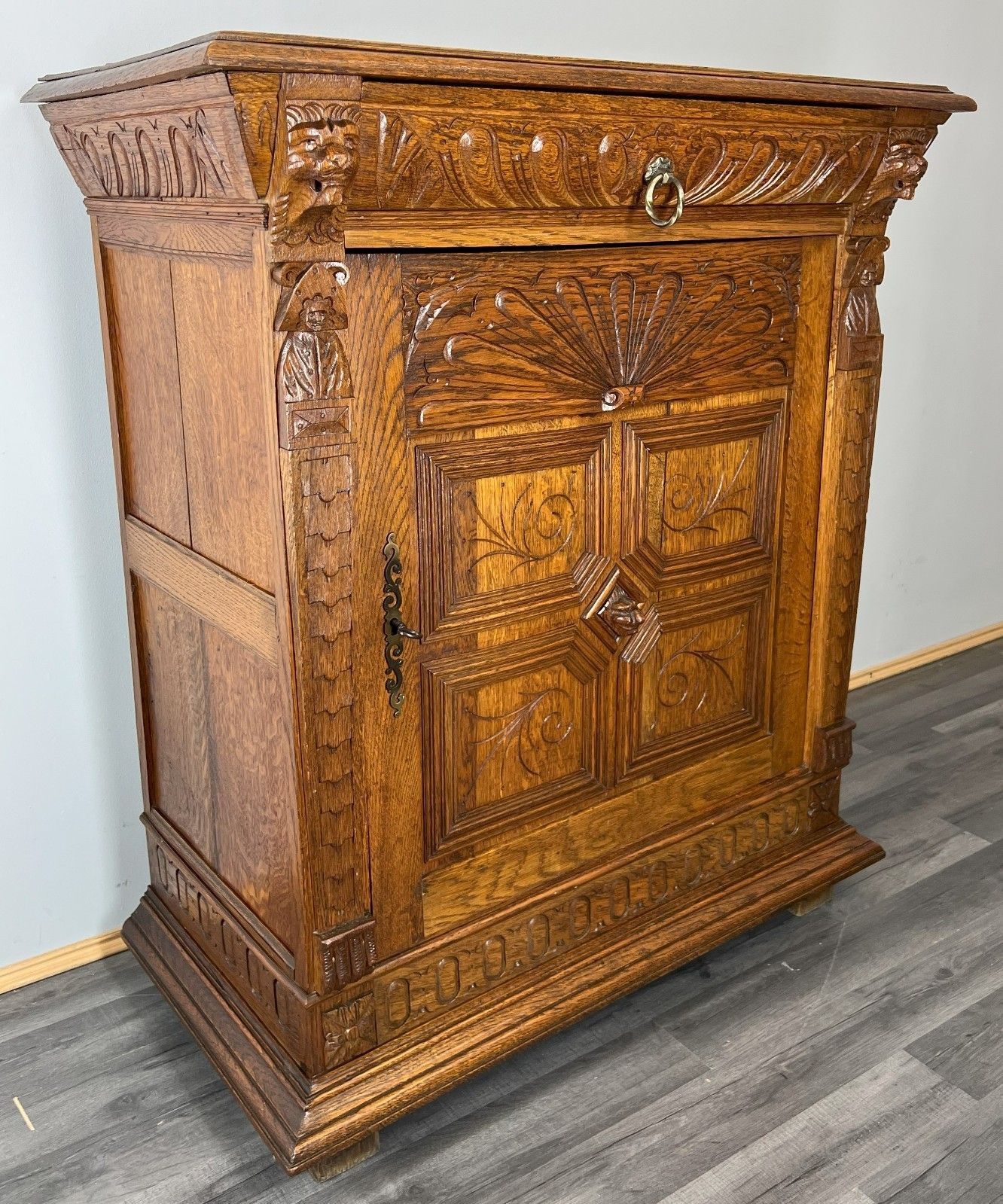 photo for sale Cabinet Antique French Oak Carved Lion Mask Detail Cupboard With Key Lot 4053
