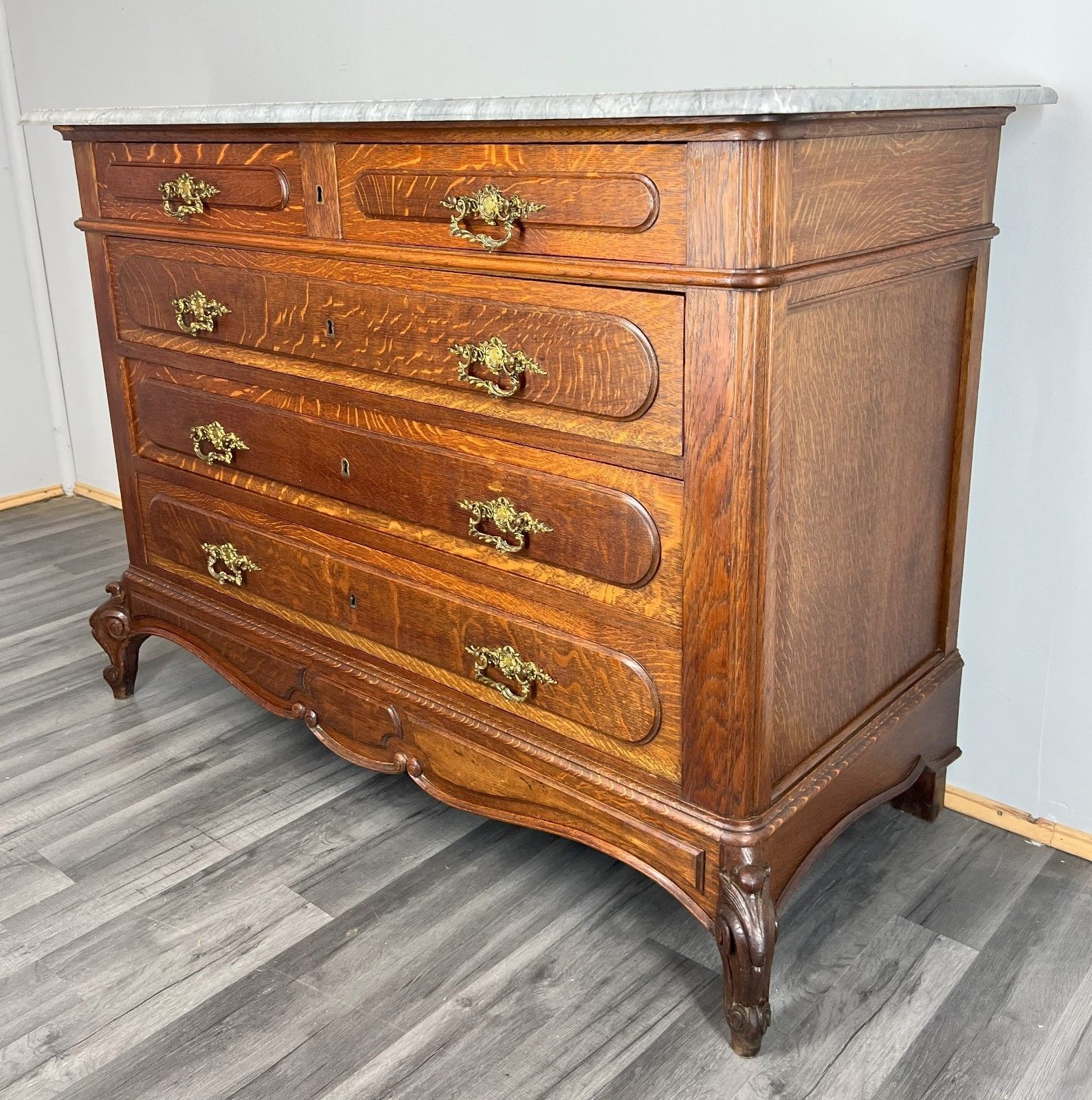 Chest Of Drawers Antique French Style Marble Top Brass Oak Cabinet Lot 4052 photo furniture