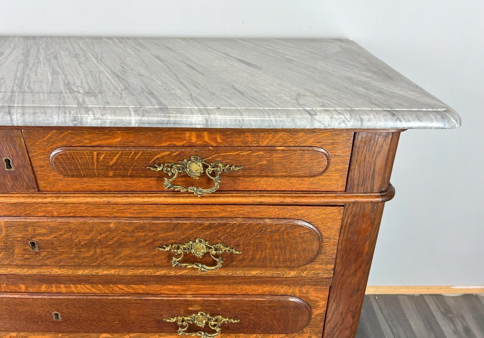 Chest Of Drawers Antique French Style Marble Top Brass Oak Cabinet Lot 4052 photo 799.0